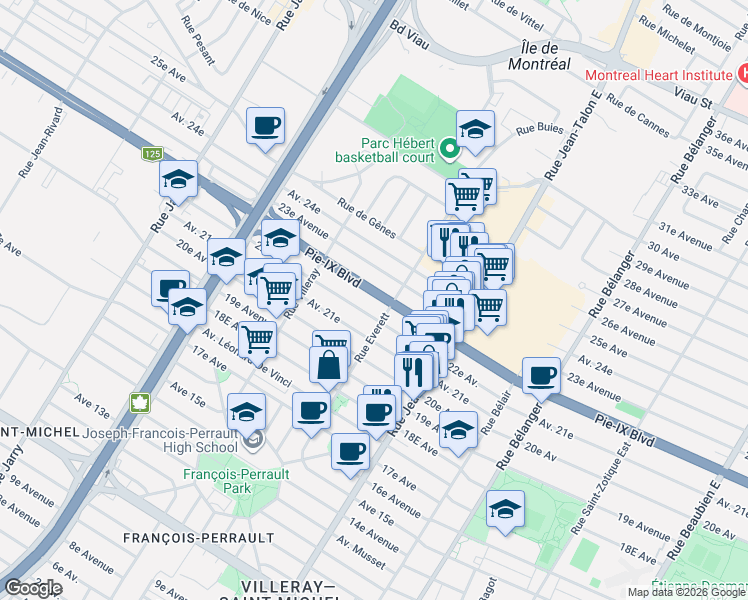 map of restaurants, bars, coffee shops, grocery stores, and more near 7386 Boulevard Pie-IX in Montréal