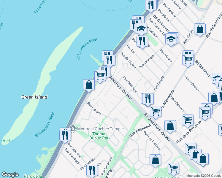 map of restaurants, bars, coffee shops, grocery stores, and more near 106 Boulevard Jean-Paul-Vincent in Longueuil