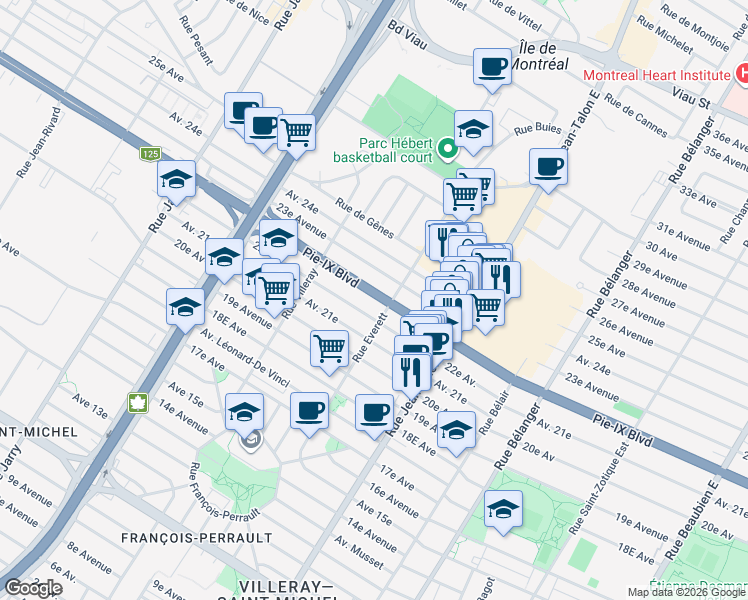 map of restaurants, bars, coffee shops, grocery stores, and more near 7386 Boulevard Pie-IX in Montréal