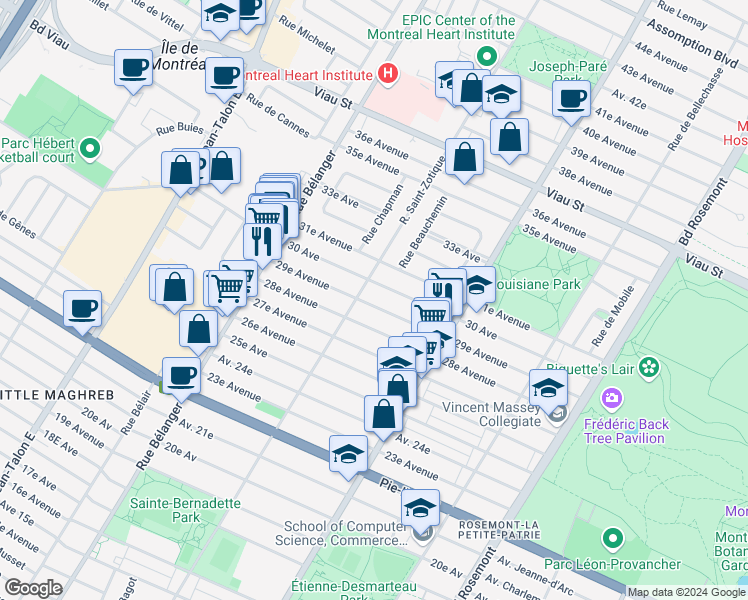 map of restaurants, bars, coffee shops, grocery stores, and more near 6685 29e Avenue in Montréal