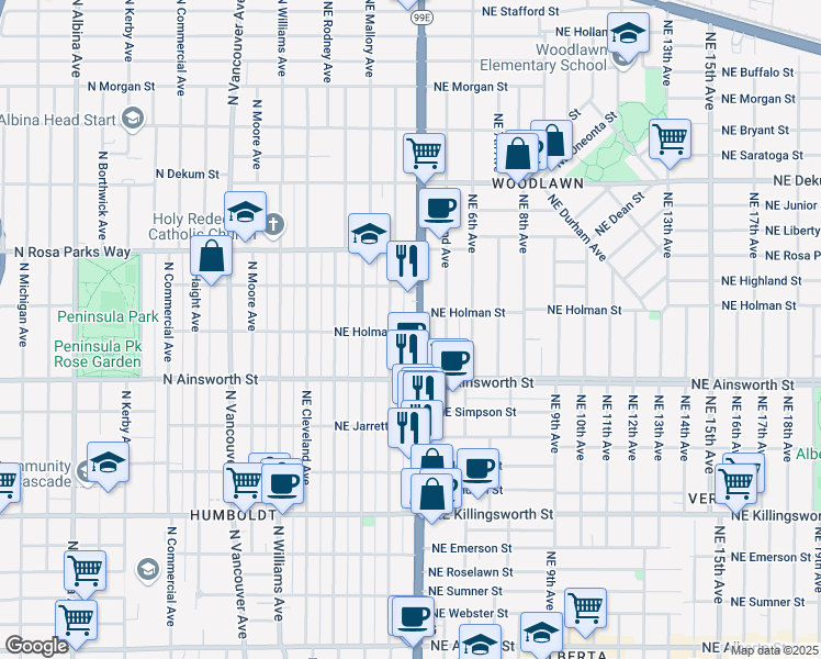 map of restaurants, bars, coffee shops, grocery stores, and more near 6356 Northeast Garfield Avenue in Portland
