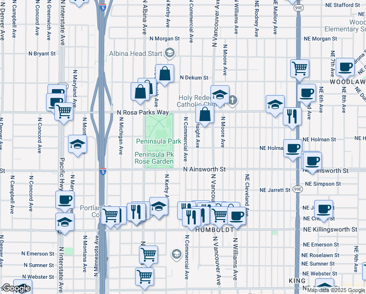 map of restaurants, bars, coffee shops, grocery stores, and more near 6349 North Commercial Avenue in Portland