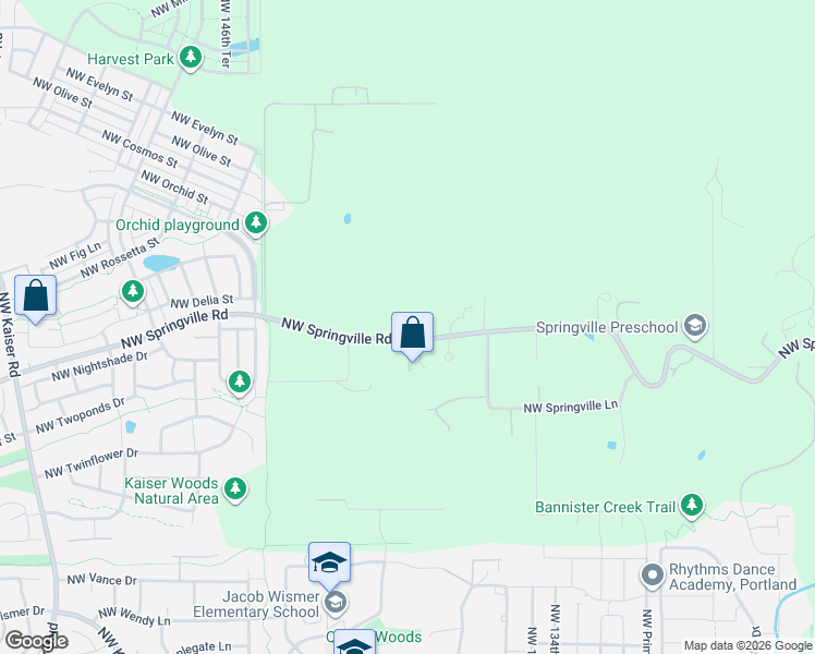 map of restaurants, bars, coffee shops, grocery stores, and more near 14301-14397 Northwest Springville Road in Portland
