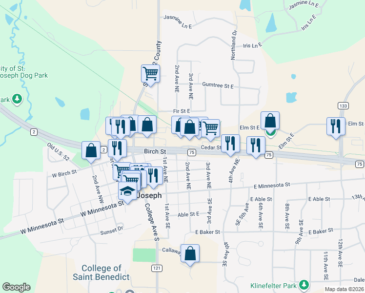 map of restaurants, bars, coffee shops, grocery stores, and more near 131 Cedar Street East in St. Joseph