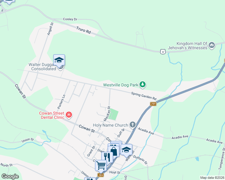 map of restaurants, bars, coffee shops, grocery stores, and more near 2173 Spring Garden Road in Westville
