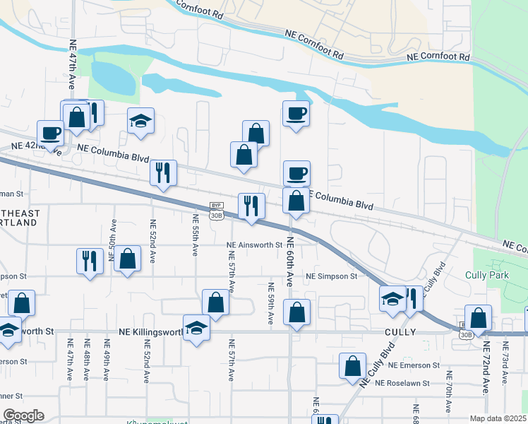 map of restaurants, bars, coffee shops, grocery stores, and more near 5838 NE Columbia Blvd in Portland