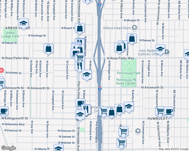 map of restaurants, bars, coffee shops, grocery stores, and more near 6195 North Minnesota Avenue in Portland