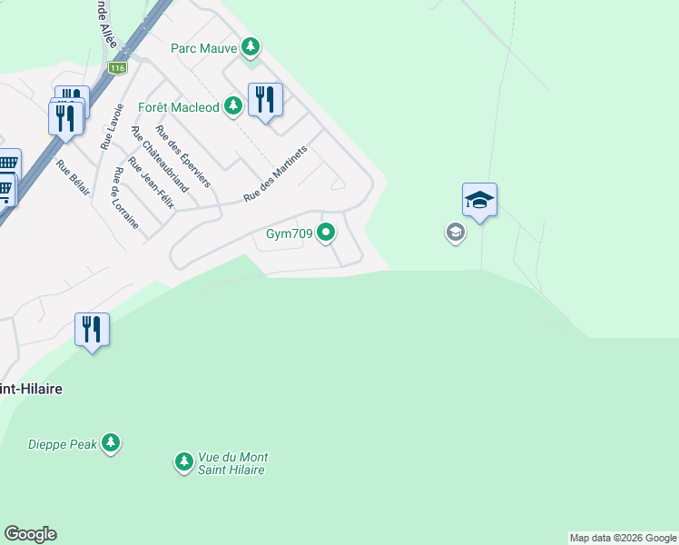 map of restaurants, bars, coffee shops, grocery stores, and more near 726 Rue des Chardonnerets in Mont-Saint-Hilaire