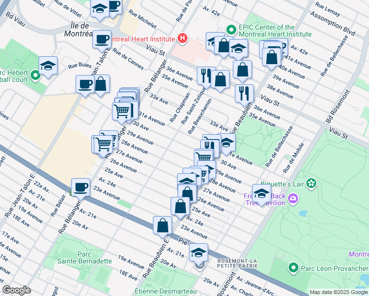 map of restaurants, bars, coffee shops, grocery stores, and more near 6640 30e Avenue in Montréal