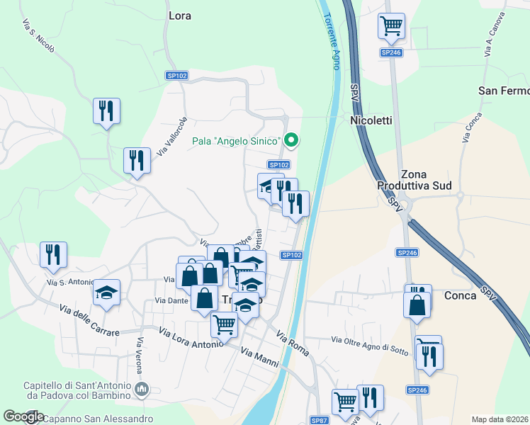 map of restaurants, bars, coffee shops, grocery stores, and more near 47 Via Palladio in Trissino