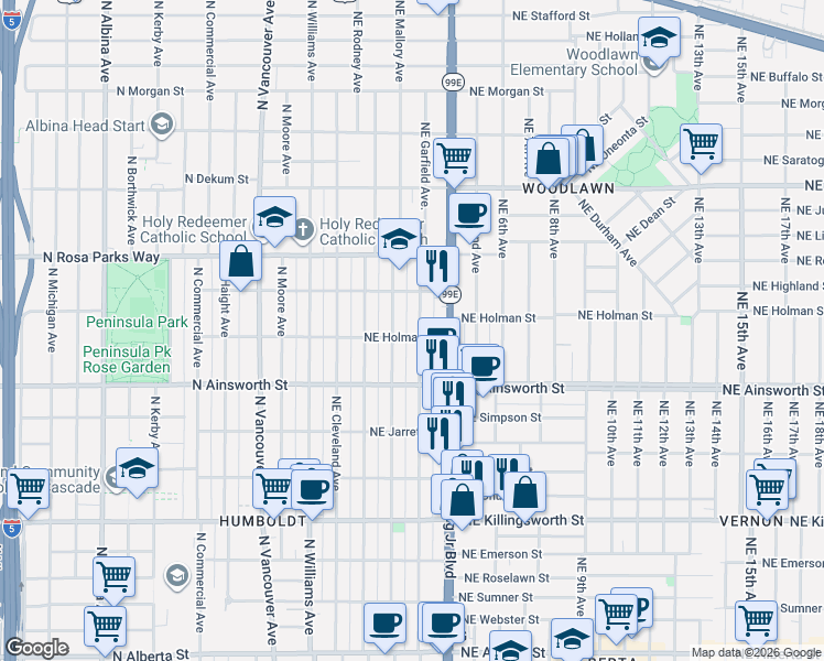 map of restaurants, bars, coffee shops, grocery stores, and more near 6356 Northeast Garfield Avenue in Portland