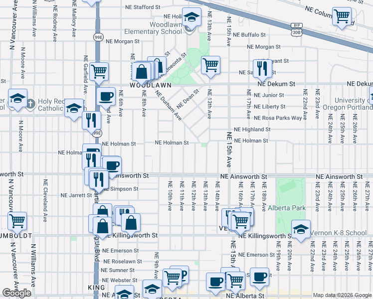 map of restaurants, bars, coffee shops, grocery stores, and more near 6224 Northeast 11th Avenue in Portland