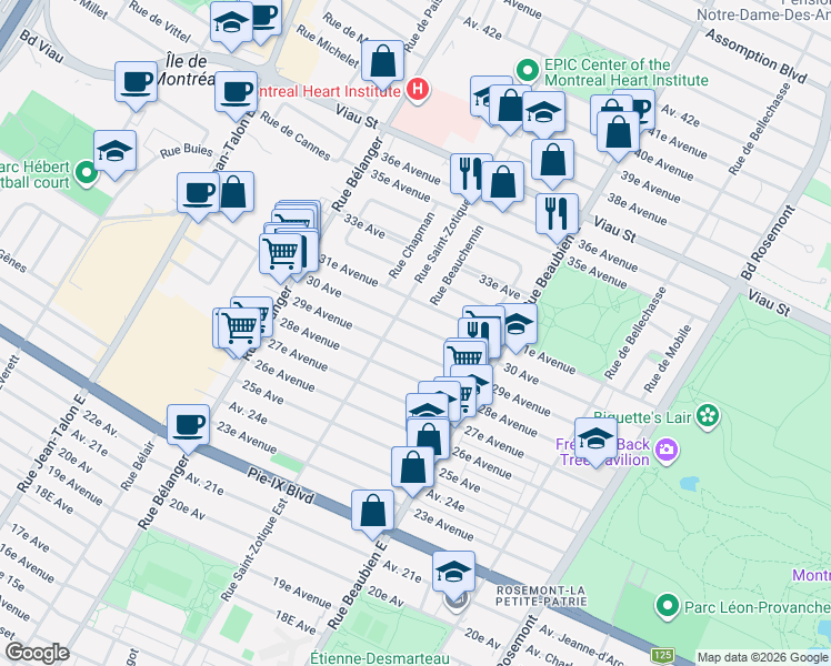 map of restaurants, bars, coffee shops, grocery stores, and more near 6658 30e Avenue in Montréal