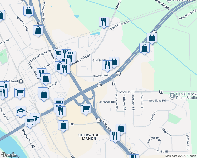 map of restaurants, bars, coffee shops, grocery stores, and more near 1200 Division Street East in Saint Cloud