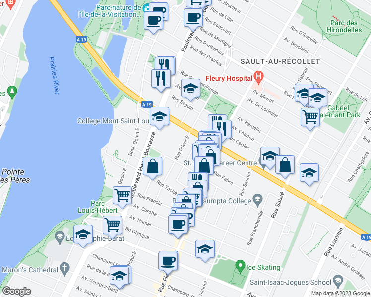map of restaurants, bars, coffee shops, grocery stores, and more near 1750 Rue Prieur Est in Montréal