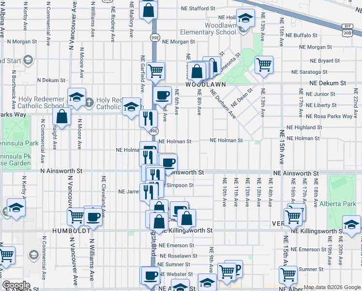 map of restaurants, bars, coffee shops, grocery stores, and more near 6317 Northeast 6th Avenue in Portland