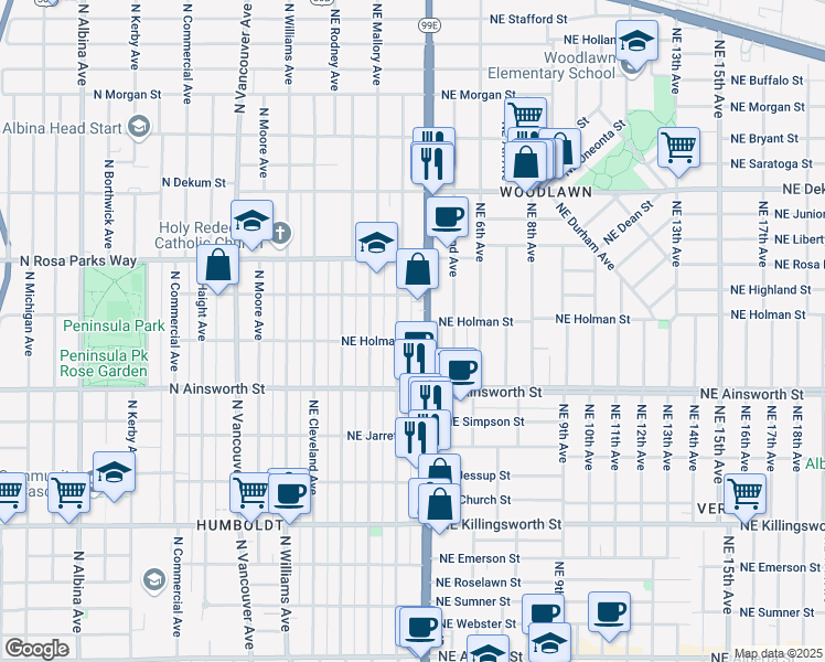 map of restaurants, bars, coffee shops, grocery stores, and more near 6356 Northeast Garfield Avenue in Portland