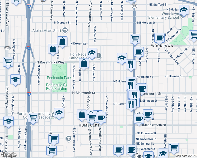 map of restaurants, bars, coffee shops, grocery stores, and more near 6355 North Williams Avenue in Portland