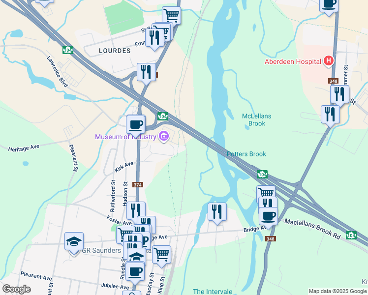 map of restaurants, bars, coffee shops, grocery stores, and more near Trans-Canada Highway in Stellarton