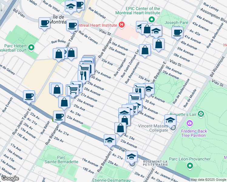 map of restaurants, bars, coffee shops, grocery stores, and more near 4490 Rue Saint Zotique Est in Montreal