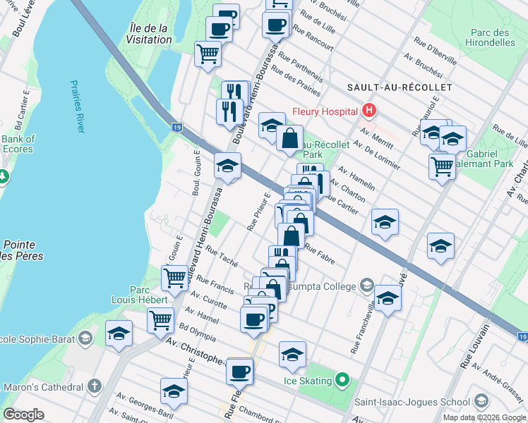 map of restaurants, bars, coffee shops, grocery stores, and more near 1750 Rue Prieur Est in Montréal