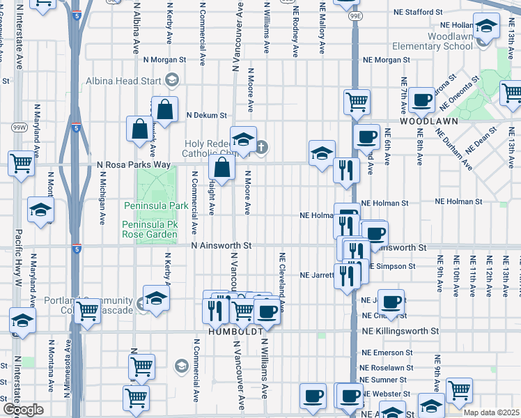 map of restaurants, bars, coffee shops, grocery stores, and more near 6355 North Williams Avenue in Portland
