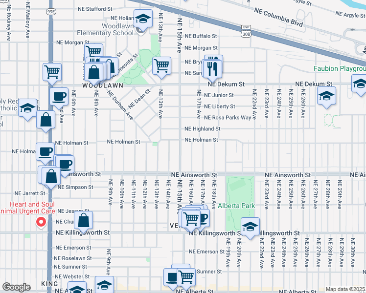 map of restaurants, bars, coffee shops, grocery stores, and more near 6234 Northeast 15th Avenue in Portland