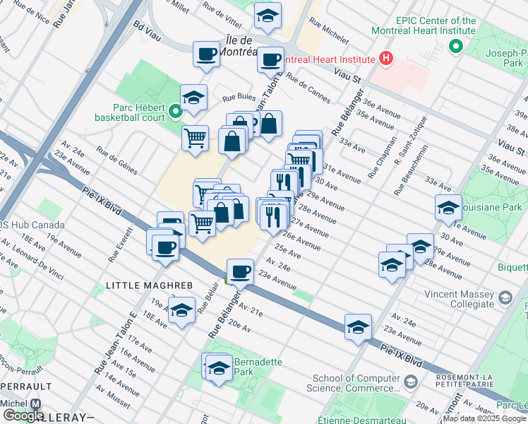 map of restaurants, bars, coffee shops, grocery stores, and more near 7020 27e Avenue in Montréal