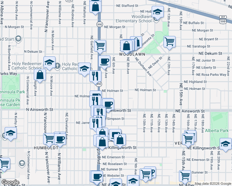 map of restaurants, bars, coffee shops, grocery stores, and more near 6272 Northeast 6th Avenue in Portland