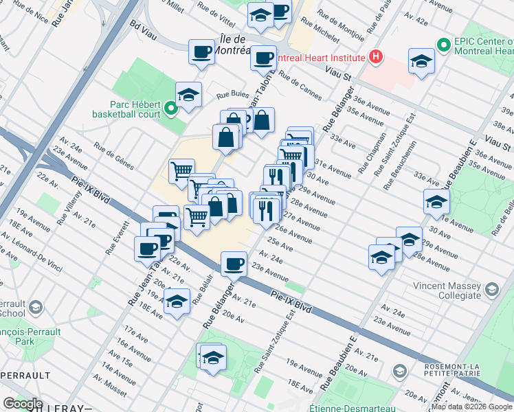 map of restaurants, bars, coffee shops, grocery stores, and more near 7020 27e Avenue in Montréal
