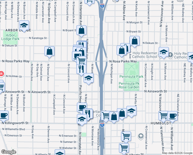 map of restaurants, bars, coffee shops, grocery stores, and more near 6219 North Minnesota Avenue in Portland