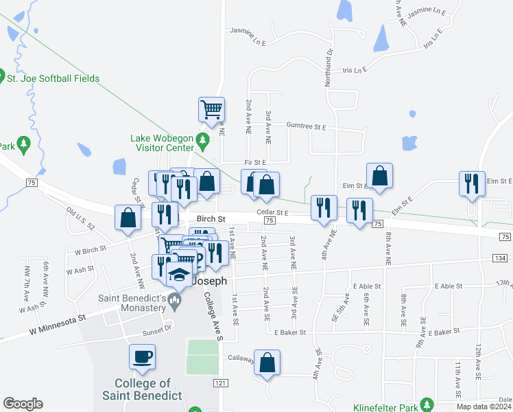 map of restaurants, bars, coffee shops, grocery stores, and more near 133 Cedar Street East in Saint Joseph