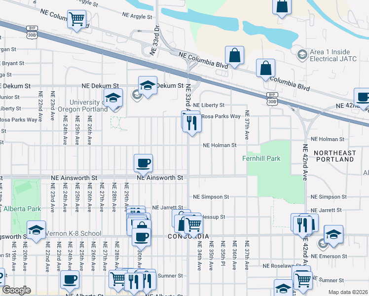 map of restaurants, bars, coffee shops, grocery stores, and more near 3286 Northeast Holman Street in Portland