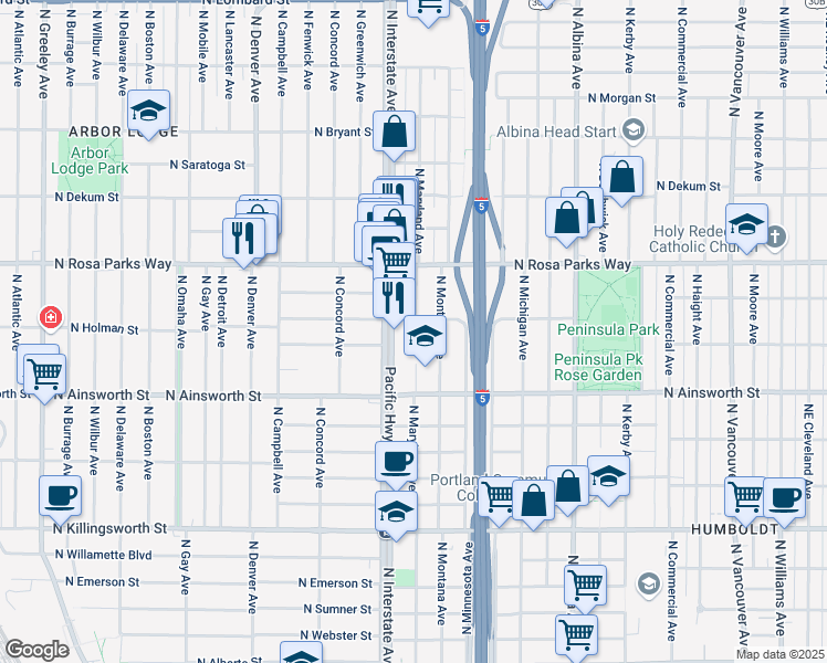 map of restaurants, bars, coffee shops, grocery stores, and more near 6305 North Montana Avenue in Portland