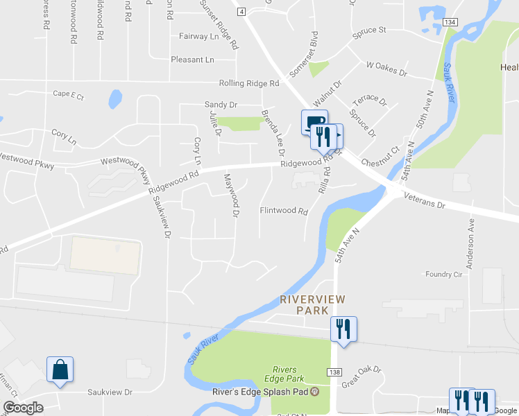 map of restaurants, bars, coffee shops, grocery stores, and more near 835 Driftwood Drive in Saint Cloud