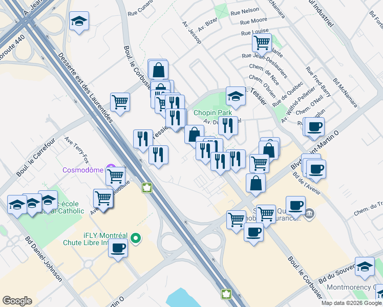 map of restaurants, bars, coffee shops, grocery stores, and more near 1850 Boulevard le Corbusier in Laval