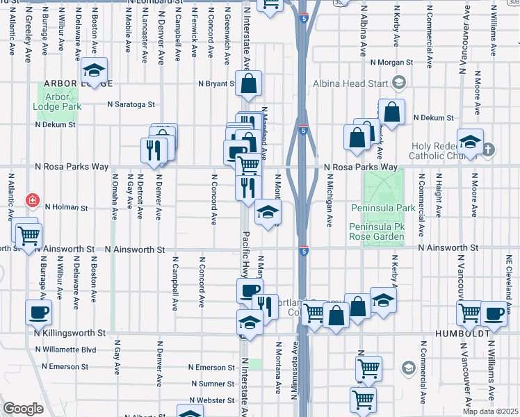 map of restaurants, bars, coffee shops, grocery stores, and more near 6305 North Montana Avenue in Portland