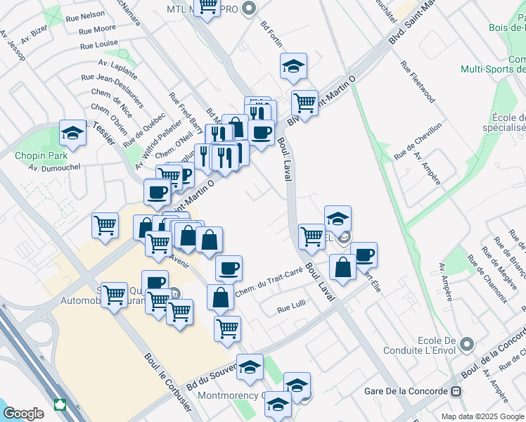 map of restaurants, bars, coffee shops, grocery stores, and more near 1620 Rue Mcnamara in Laval