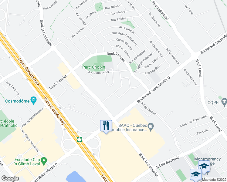 map of restaurants, bars, coffee shops, grocery stores, and more near 1805 Avenue Albert-Duquesne in Laval