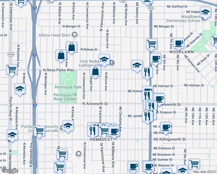 map of restaurants, bars, coffee shops, grocery stores, and more near 6355 North Williams Avenue in Portland