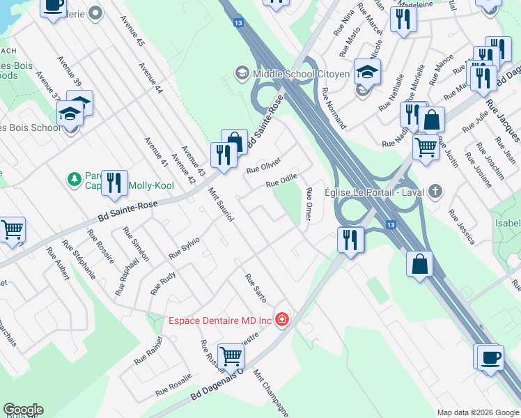 map of restaurants, bars, coffee shops, grocery stores, and more near 4056 Rue Odélia in Laval