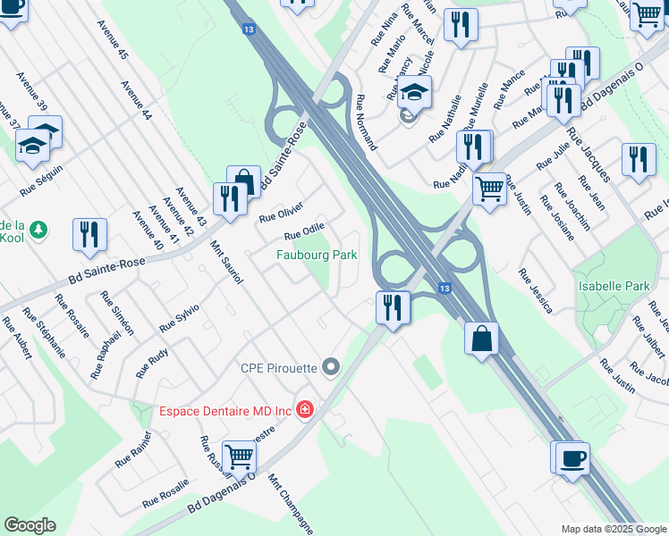 map of restaurants, bars, coffee shops, grocery stores, and more near 4021 Rue Omer in Laval