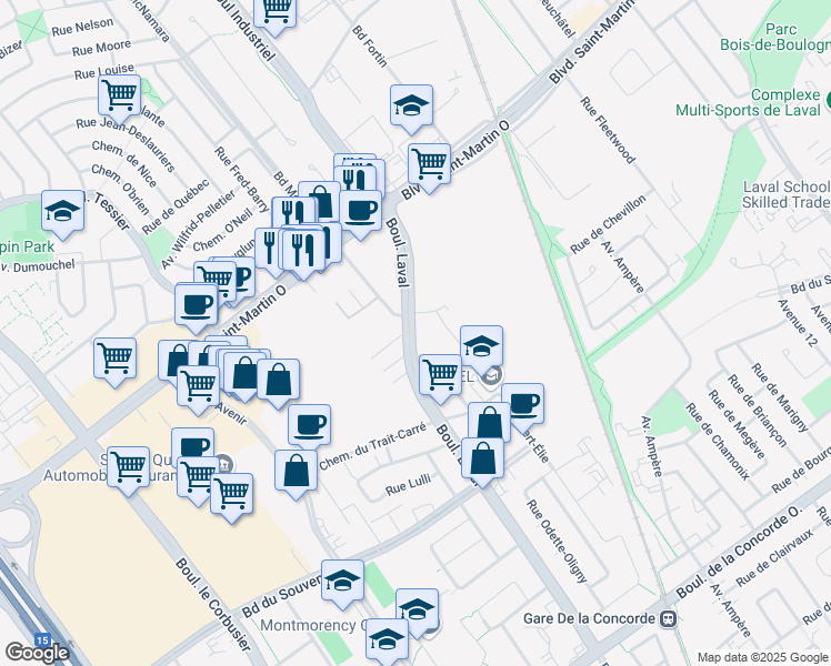 map of restaurants, bars, coffee shops, grocery stores, and more near 1015 Boulevard Laval in Laval
