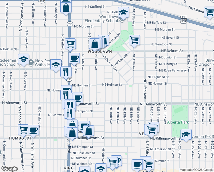 map of restaurants, bars, coffee shops, grocery stores, and more near 6236 Northeast 9th Avenue in Portland