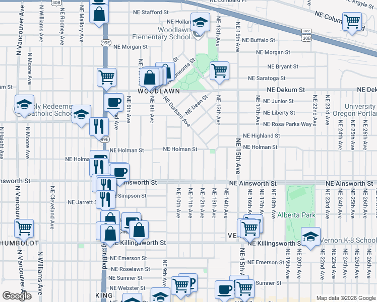 map of restaurants, bars, coffee shops, grocery stores, and more near 949 Northeast Holman Street in Portland