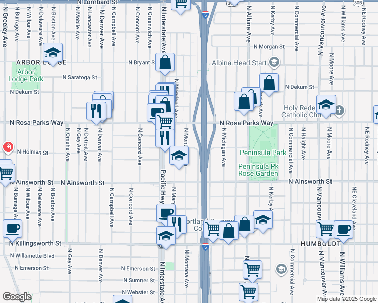 map of restaurants, bars, coffee shops, grocery stores, and more near 6305 North Montana Avenue in Portland