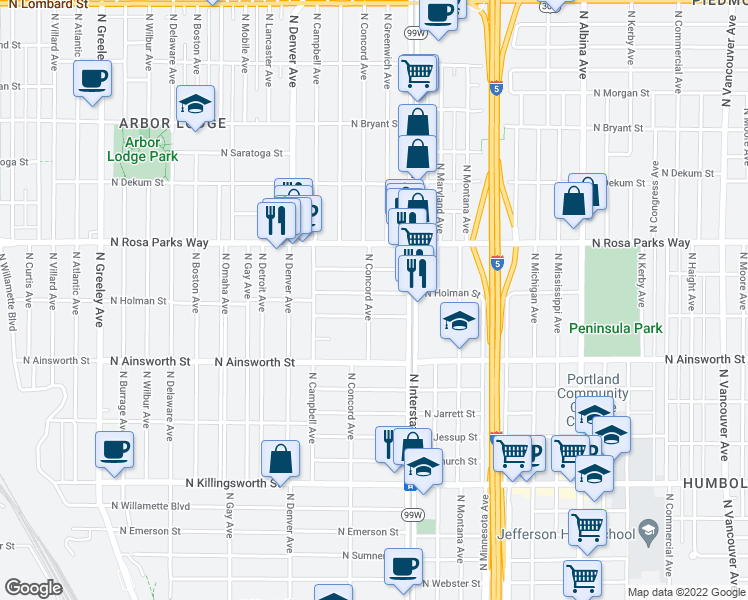 map of restaurants, bars, coffee shops, grocery stores, and more near 1600 North Holman Street in Portland