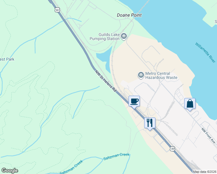 map of restaurants, bars, coffee shops, grocery stores, and more near 6511 Northwest Saint Helens Road in Portland