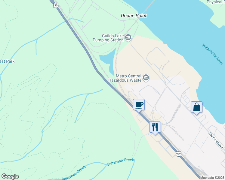 map of restaurants, bars, coffee shops, grocery stores, and more near 6511 Northwest Saint Helens Road in Portland