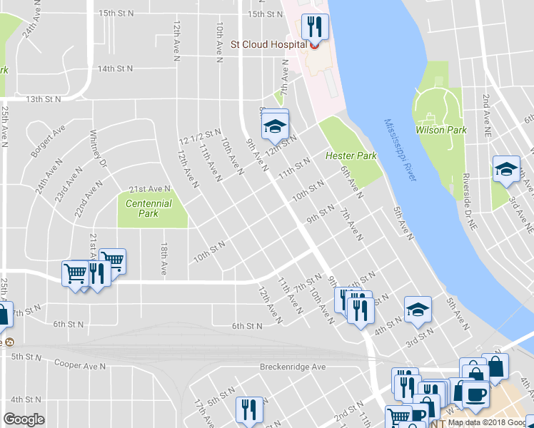 map of restaurants, bars, coffee shops, grocery stores, and more near 1002 10th Avenue North in Saint Cloud